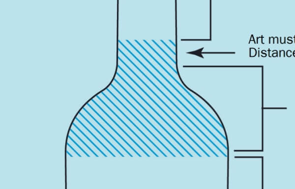 Diagram showing screen printing requirements for Bordeaux bottle including art placement zones for accurate results.