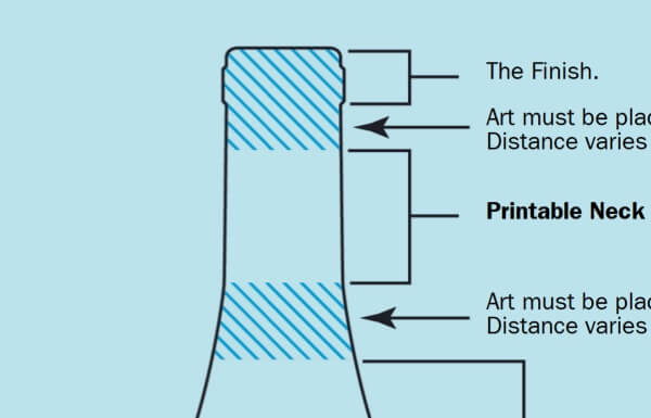 Printable neck area illustration outlining screen printing specifications for Bordeaux bottle wine bottle neck coating and layout control.
