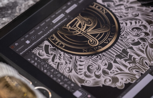 Vector artwork for Napa Valley bottle shown during screen printing process in the wine and spirits printing industry.
